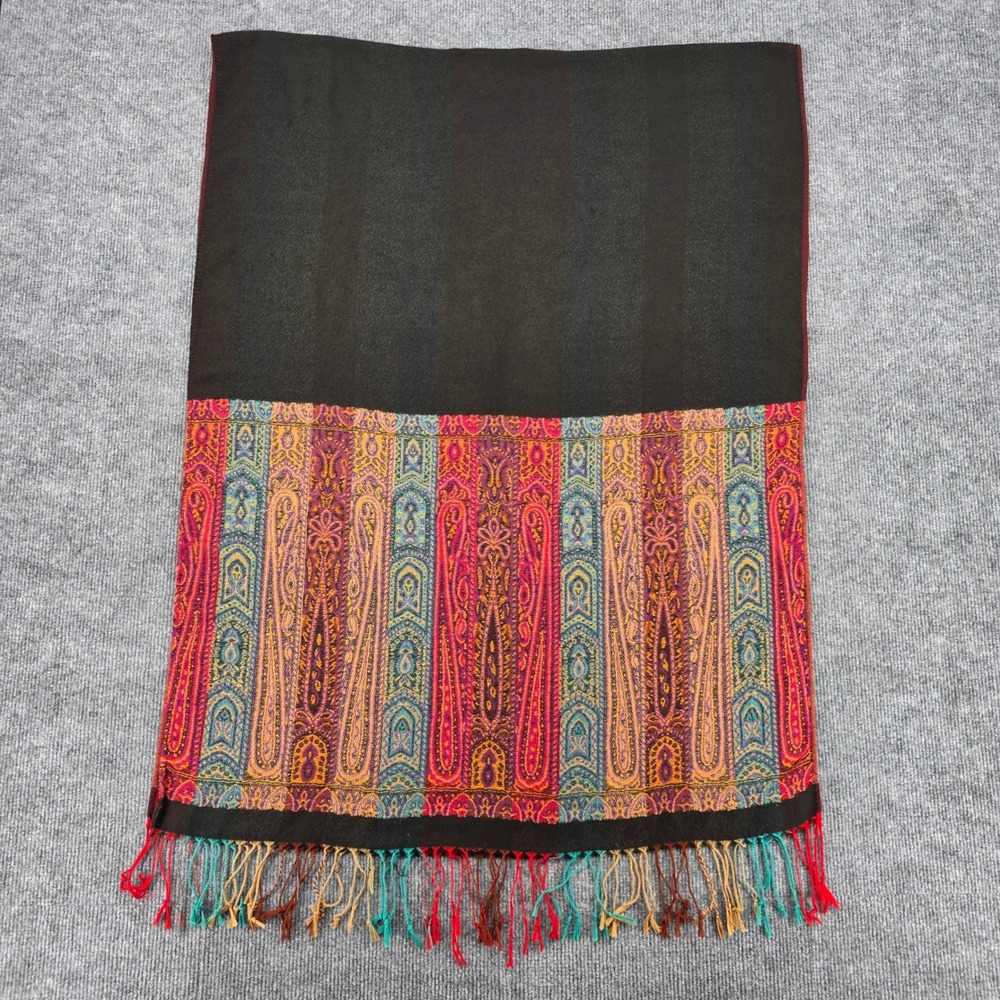 Multicolor Paisley Pashmina Shawl Reversible Striped Fringe Wrap Black Red Teal